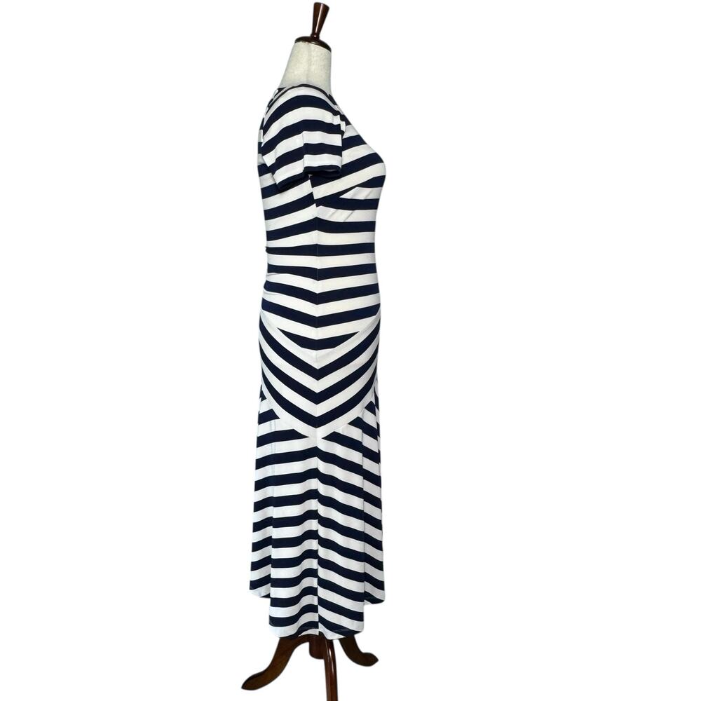 Ralph Lauren Navy White Striped Midi Dress Asymmetrical Hem Stretch Size 10 - Picture 4 of 7